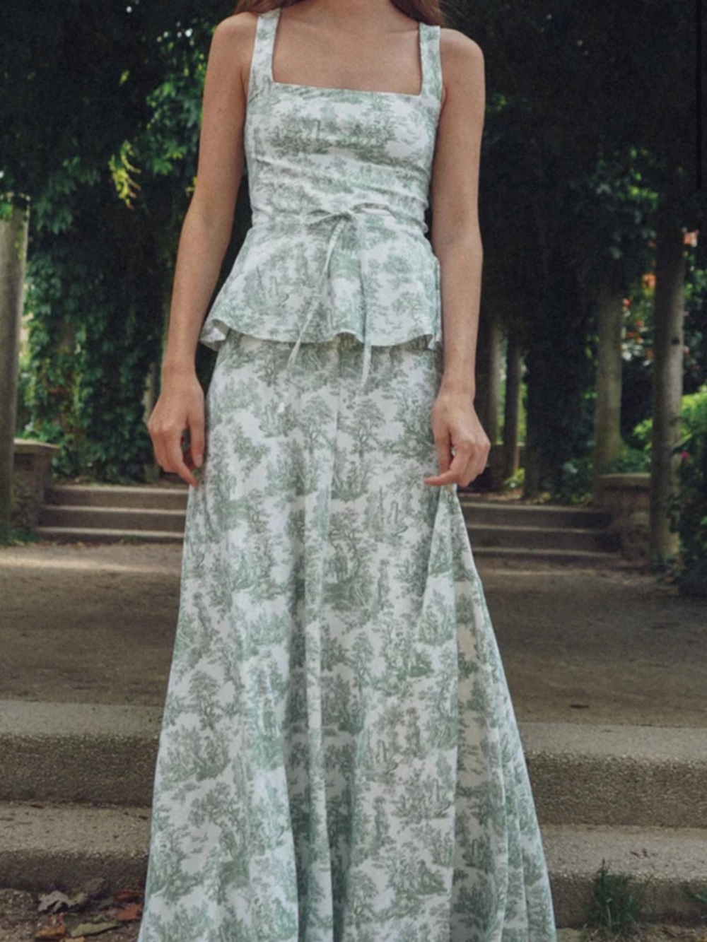 Sage Toile Maxi Dress with Square Neck